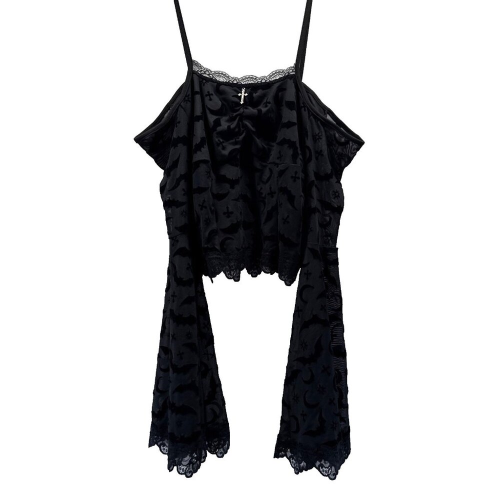 ROMWE Women's Top S Black Velvet Burnout Whimsigoth‎ Whitchy Gothic Bell Sleeves